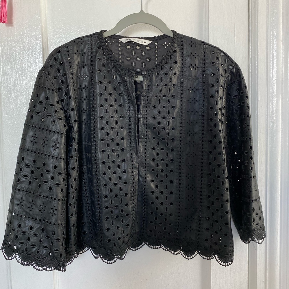 Zara Faux Leather Openwork Eyelet Floral embroidered scalloped top